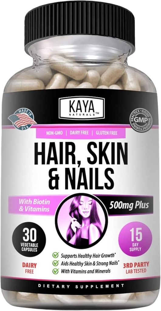 Kaya Naturals Hår Skin Nail Kapsler med Biotin - Hår og hud vitaminer, D-vitamin B-12 A folinsyre Support, Hår Support Vitamin Supplement til Hår Hud Nails- 30 Count Kapsler