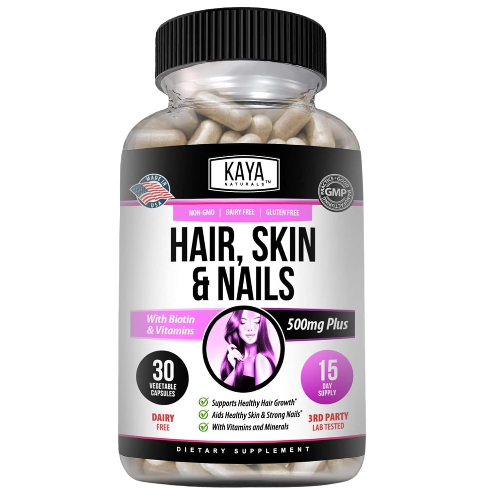Kaya Naturals Hår Skin Nail Kapsler med Biotin - Hår og hud vitaminer, D-vitamin B-12 A folinsyre Support, Hår Support Vitamin Supplement til Hår Hud Nails- 30 Count Kapsler