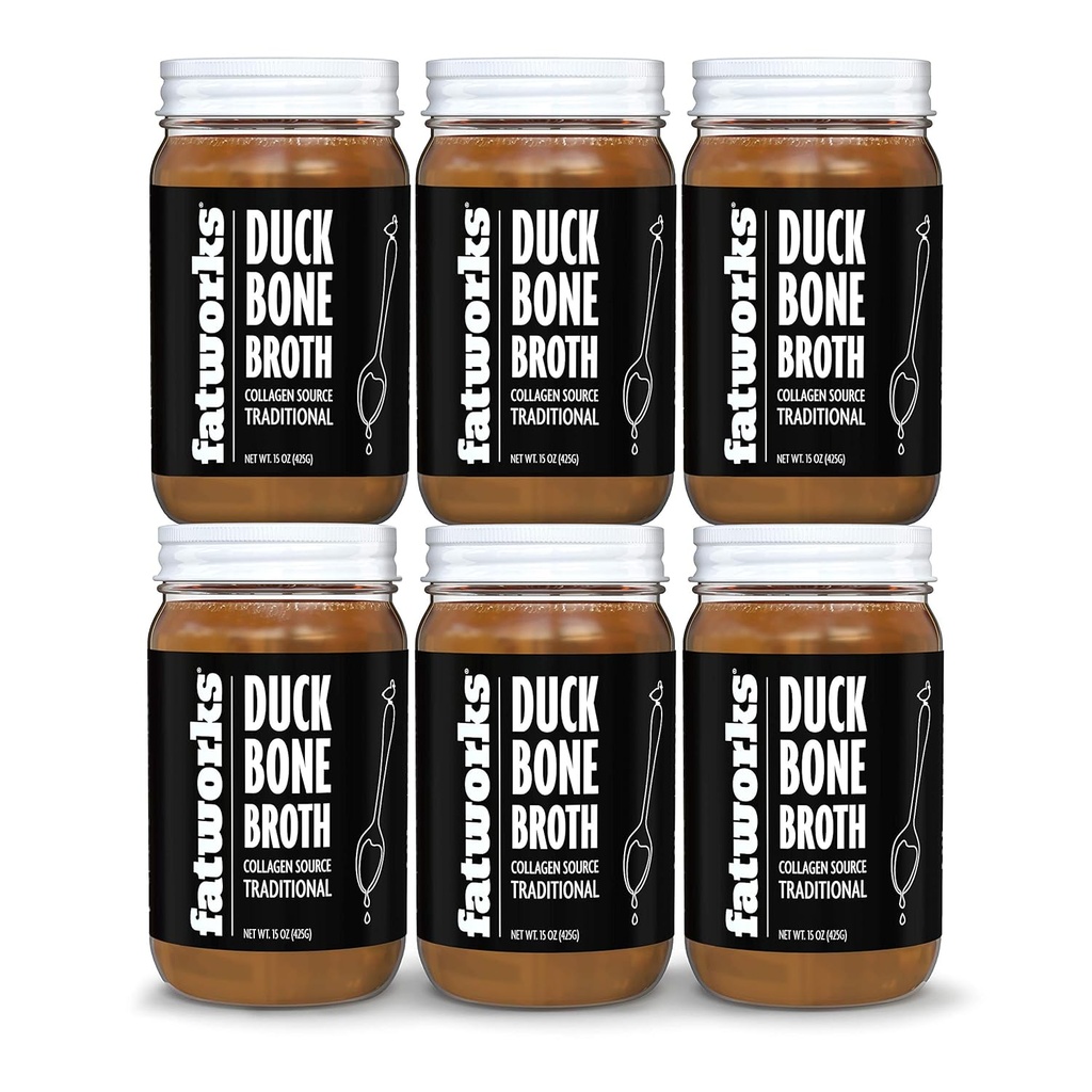 Fatworks Gourmet Cage- Free Duck Bone Broth, Traditional Flavor, Keto, Paleo, Collagen Rich, Preservating Free, 6 pakke med 15 oz. krukker