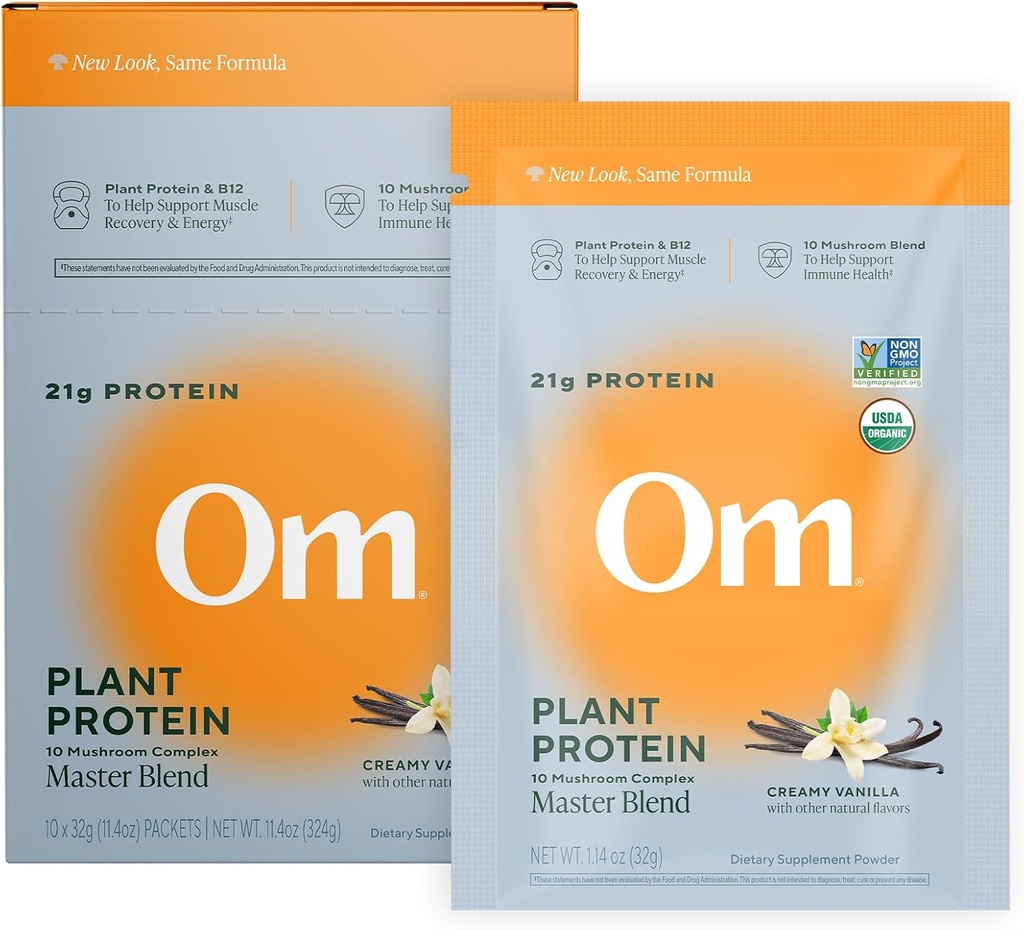 Om Master Blend Vegan Protein Powder, Vanilla, 21g Plant Protein - Organic Mushroom Supplement med 10 Mushroom Complex, Ashwagandha, BCAA og vitamin B12 - Single Serve (10 Greve)