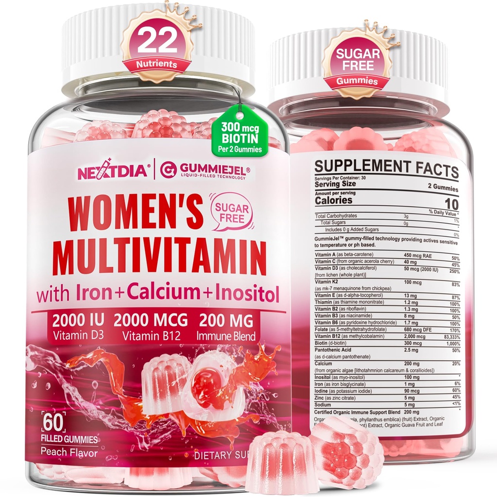 Methyleret multivitamin til kvinder Gummies, Calcium, D3 K2, Methylfolat & B12, Inositol, Daglig vitamin A, C, E, B Complex, Biotin, Jern - Energi, immunforsvar, ben, hud, hår - Vegan, sukkerfri, 60 Greve