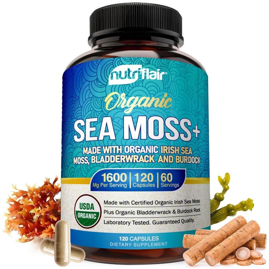 NutriFlair Organic Sea Moss 1600mg, 120 Capsules Plus Bladerwrack & Burdock - Prebiotic Super Food - Immunsystem & fordøjelsessygdomme - Thyroid, Sund hud, Keto Detox, Gut