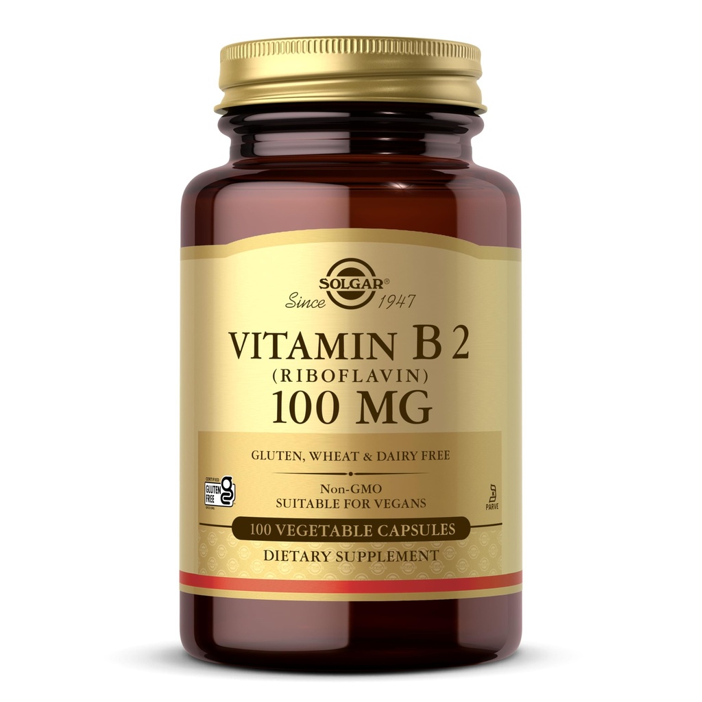 Solgar Vitamin B2 (Riboflavin) 100mg, 100 Vegetabilske kapsler - Energi Metabolisme, Sund Nervesystem - Non-GMO, Vegan, Gluten Free, Dairy Free, Kosher - 100 Servere