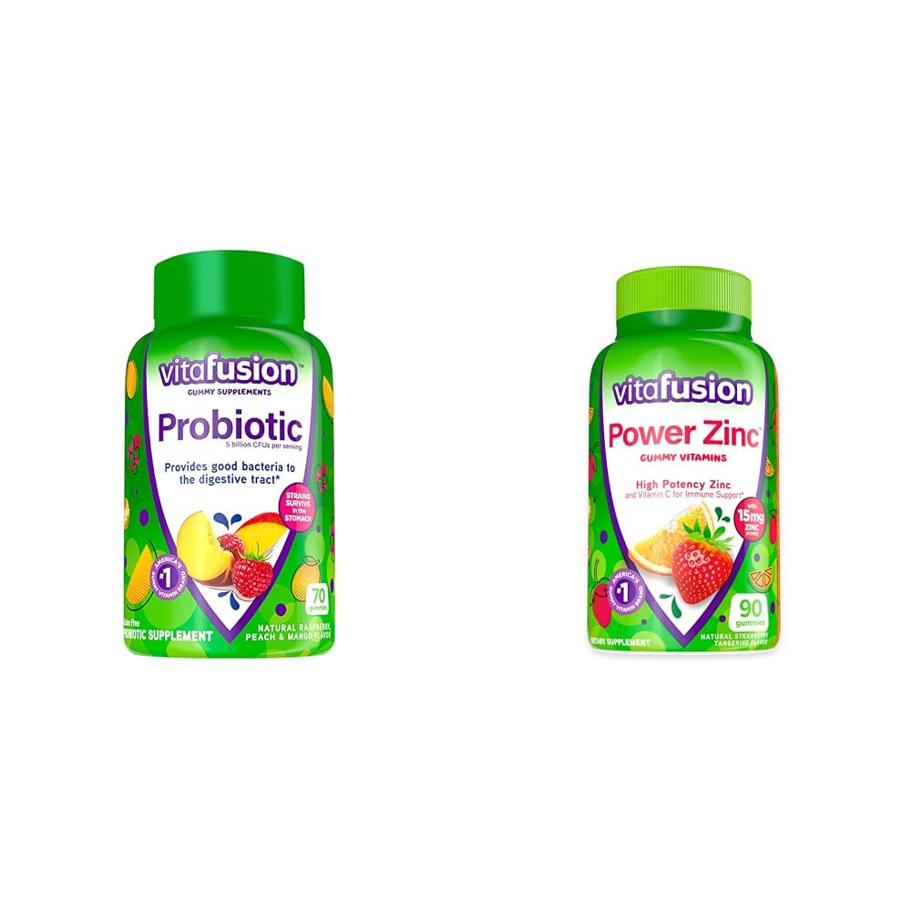 Viafusion Probiotiske Gummy Kosttilskud, Hindbær, Peach og Mango Flavors, 35 Day Supply, 70 Count Power Zink Gummy Vitaminer, Jordbær Tangerine Flavored, 90 Count
