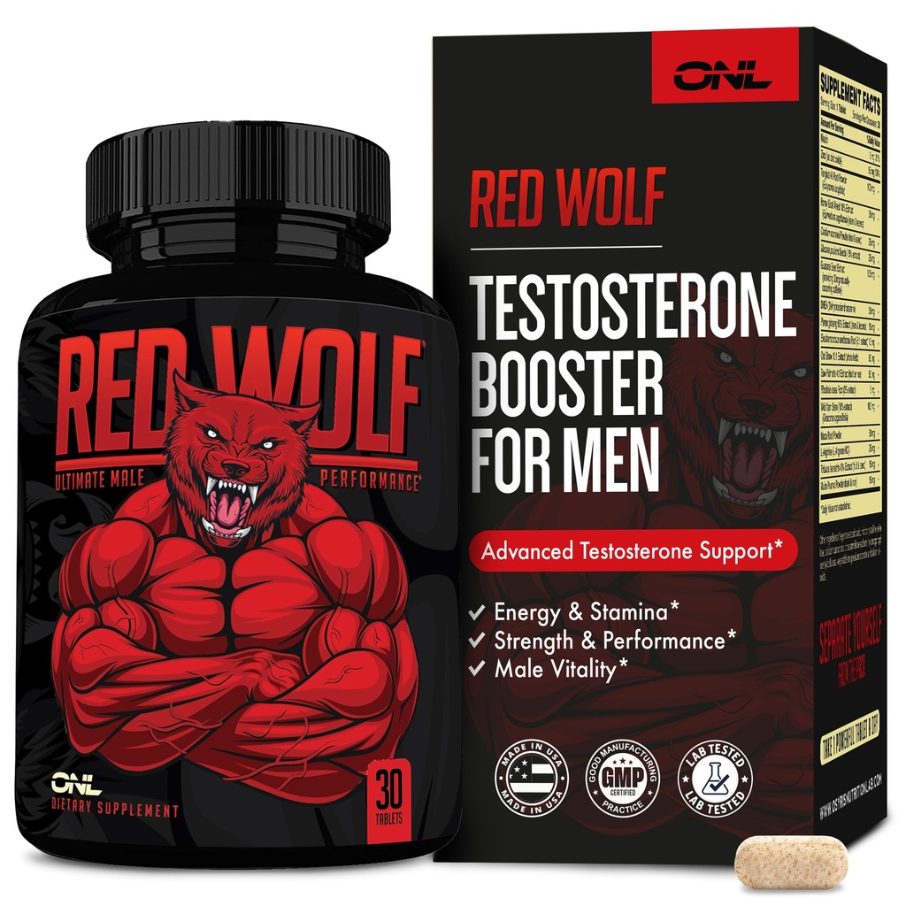 ONL Red Wolf Testosteron Booster for mænd - Ultimate Men 's Supplement for høj potens Endurance, Energi & Styrke - Testosteron Supplement for mænd - w / Tongkat Ali Male Enhancement - 30 Ct