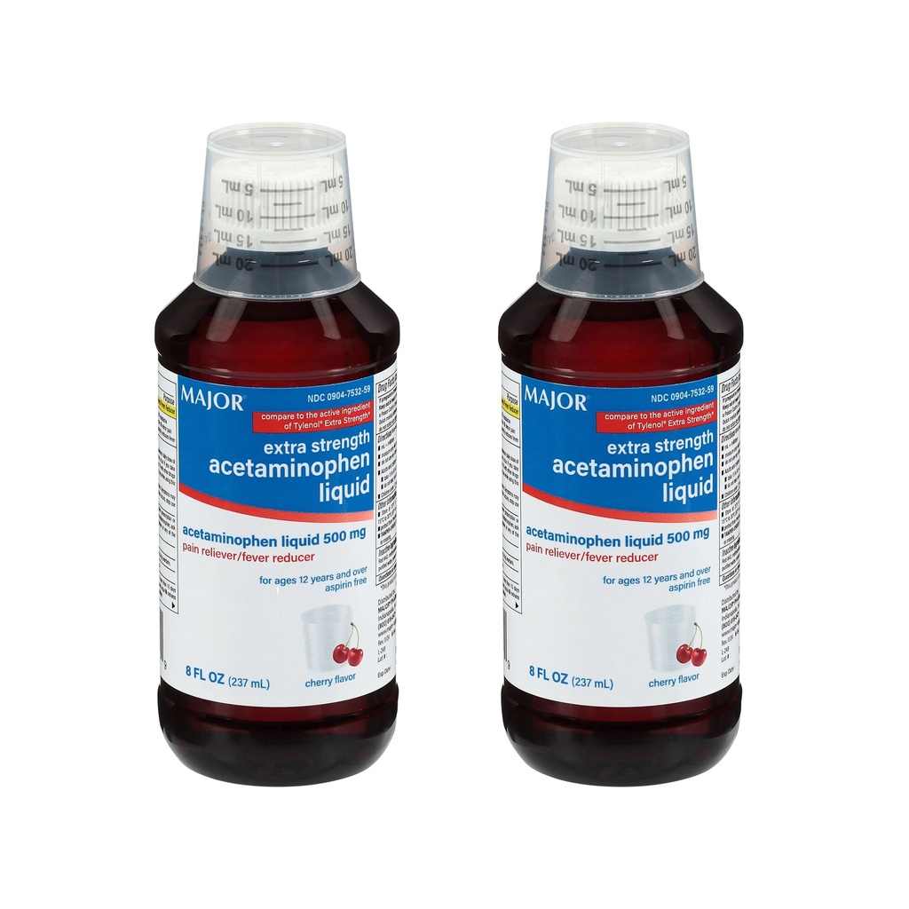 MAJOR Voksen Ekstra Styrke Flydende Acetaminophen 500mg - Hjælper Relieve Pain and Reduce Fevers - Aspirin Free - Cherry Flavor - 8 Fl Oz (2 Pack)