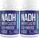 NADH 50mg + CoQ10 200mg + D- Ribose 150mg Supplement, øger NAD + Kosttilskud til immunsystemet, cellulær energi, fokus, reduceret nicotinamid Adenine Dinucleotid, 120 Veggie kapsler