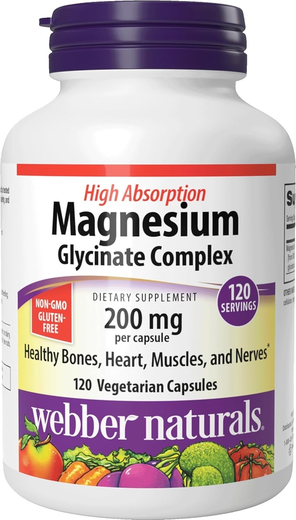Webber Naturals Magnesium Glycinate Complex 200 mg, 120 Vegetariske Kapsler, Høj Absorptionsformel, støtter Bones, Heart, Muscles & Nerves, One- per- Day, Vegan, New Label!