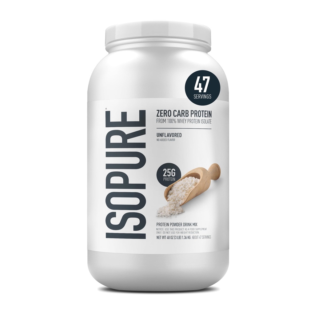 Isopure Zero Carb 100% Pure Whey Isolate Protein Powder, Lactose Free, Gluten Free, Med vitaminer, Unflavored, 25g Protein Per Servering, 3 Lbs, 47 Servere (Packaging May Vary)