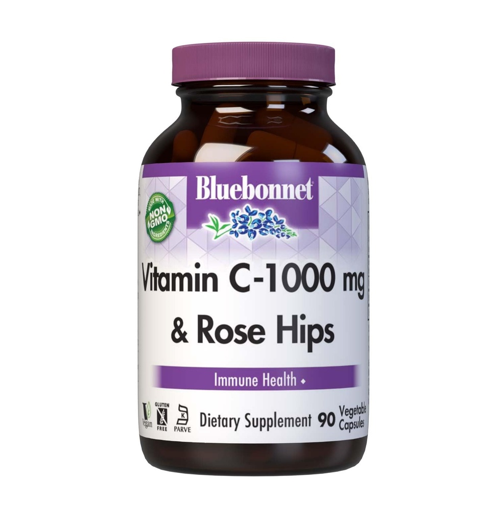 Bluebonnet Nutrition Vitamin C- 1000 mg Plus Rose HIPS Vegetabilske kapsler, for immunforsvar, for Antioxidant Protection, Soja Free, Gluten Free, Non- GMO, Kosher, Dairy Free, Vegan, 90 Greve