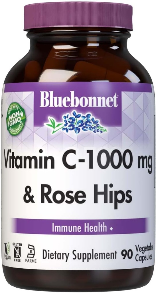 Bluebonnet Nutrition Vitamin C- 1000 mg Plus Rose HIPS Vegetabilske kapsler, for immunforsvar, for Antioxidant Protection, Soja Free, Gluten Free, Non- GMO, Kosher, Dairy Free, Vegan, 90 Greve