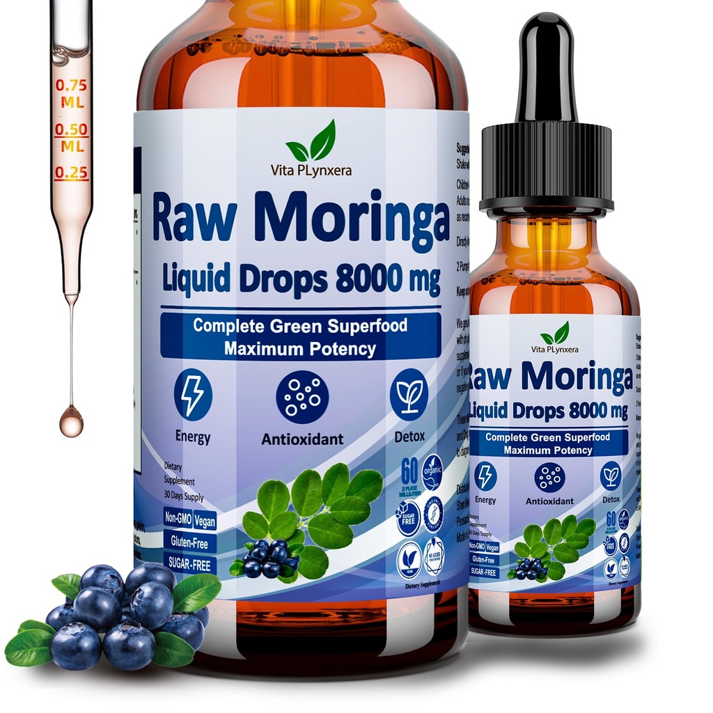 Raw Moringa Liquid Drops 8000 mg, Organic Moringa Oleifera Leaf Extract w. Supergreens Blend of Wheatgrass, Barley Grass for Antioxidant, Energy & Immune, High Potence Than Capsules Powder