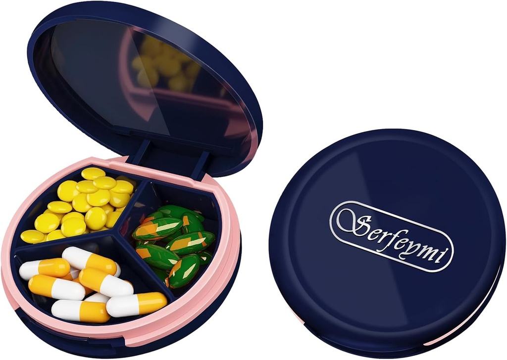Serfeymi Small Pill Box - 3 Composite Mini Travel Pill Case - Egnet til medicin, Vitamin, Fish Oil, Kosttilskud - mørkeblå (Logo)