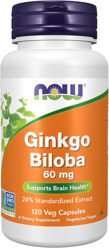 Now Foods Supplements, Ginkgo Biloba 60 mg, 24% Standardized Extract, Non- GMO Project Verified, 120 Veg Kapsler