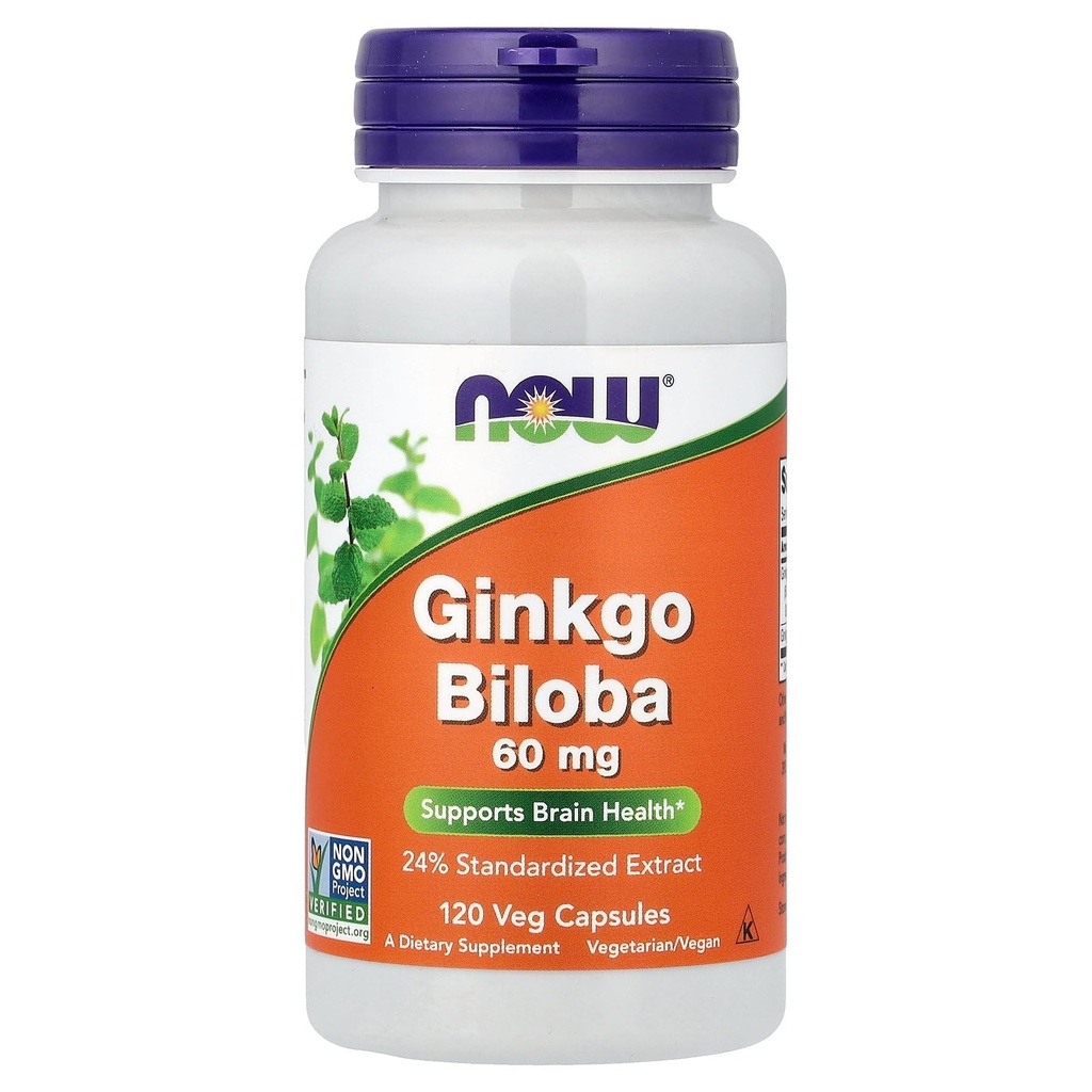 Now Foods Supplements, Ginkgo Biloba 60 mg, 24% Standardized Extract, Non- GMO Project Verified, 120 Veg Kapsler