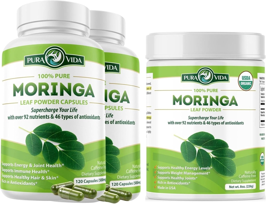 Moringa Capsules 120ct. 500mg Caps. (pakke med 2) og Moringa Powder 8 oz.