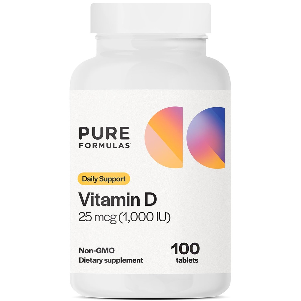PureFormulas D3 1. 000 IE 25 mcg - Premium D-vitamin supplement til sund knogledannelse, tænder, cardiovaskulær sundhed, og immunforsvar Non- GMO - 100 Count Tablets