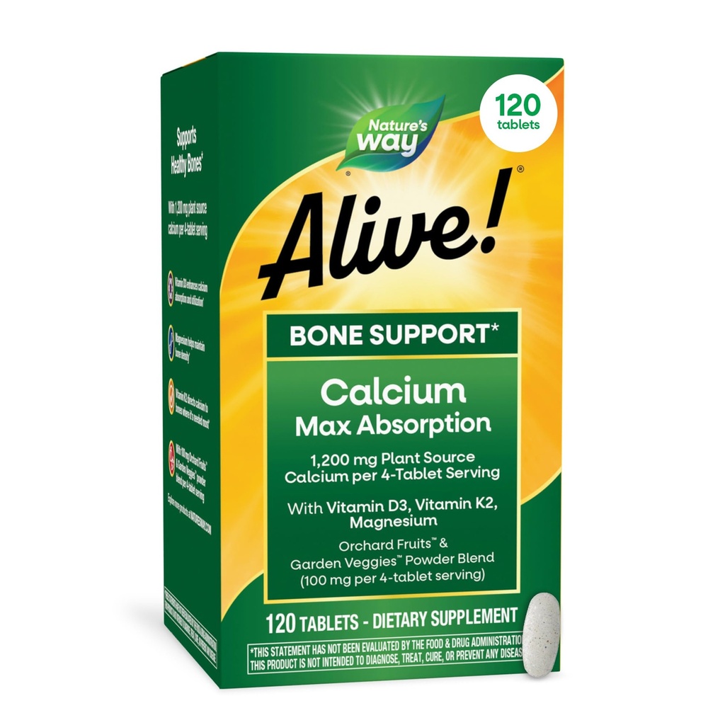 Naturen er i live! Calcium Max Absorption, Knoglestøtte *, Plant Source Calcium, D3- vitamin & K2, Magnesium, 120 tabletter (Packaging May Vary)