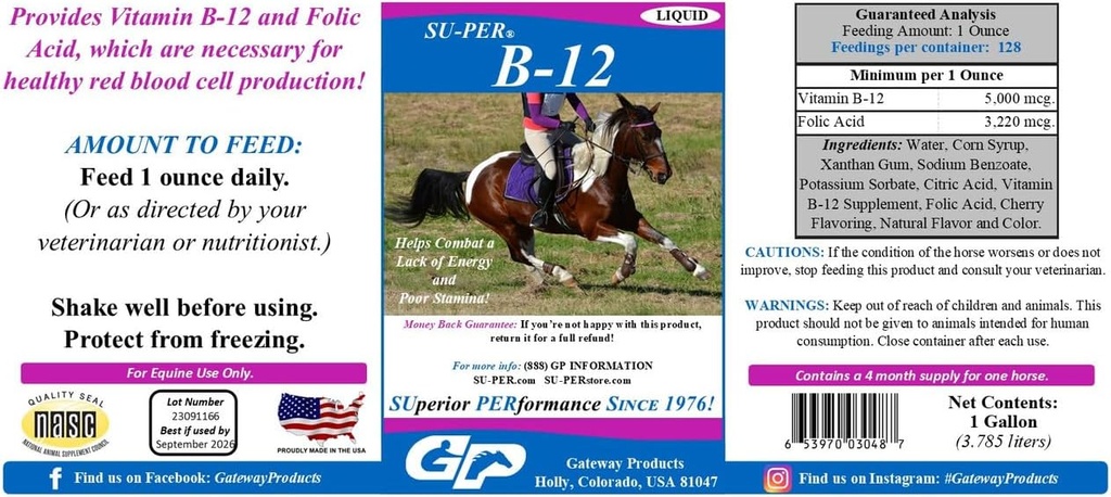 SU- PER B- 12 Energy Horse Supplement - Equine Vitaminer B- 12 & B- 9 Folinsyre Support Liquid - Red Blood Cell Production & Stamina Support for Peak Performance - Gallon, 4 Month Supply (120 dage)