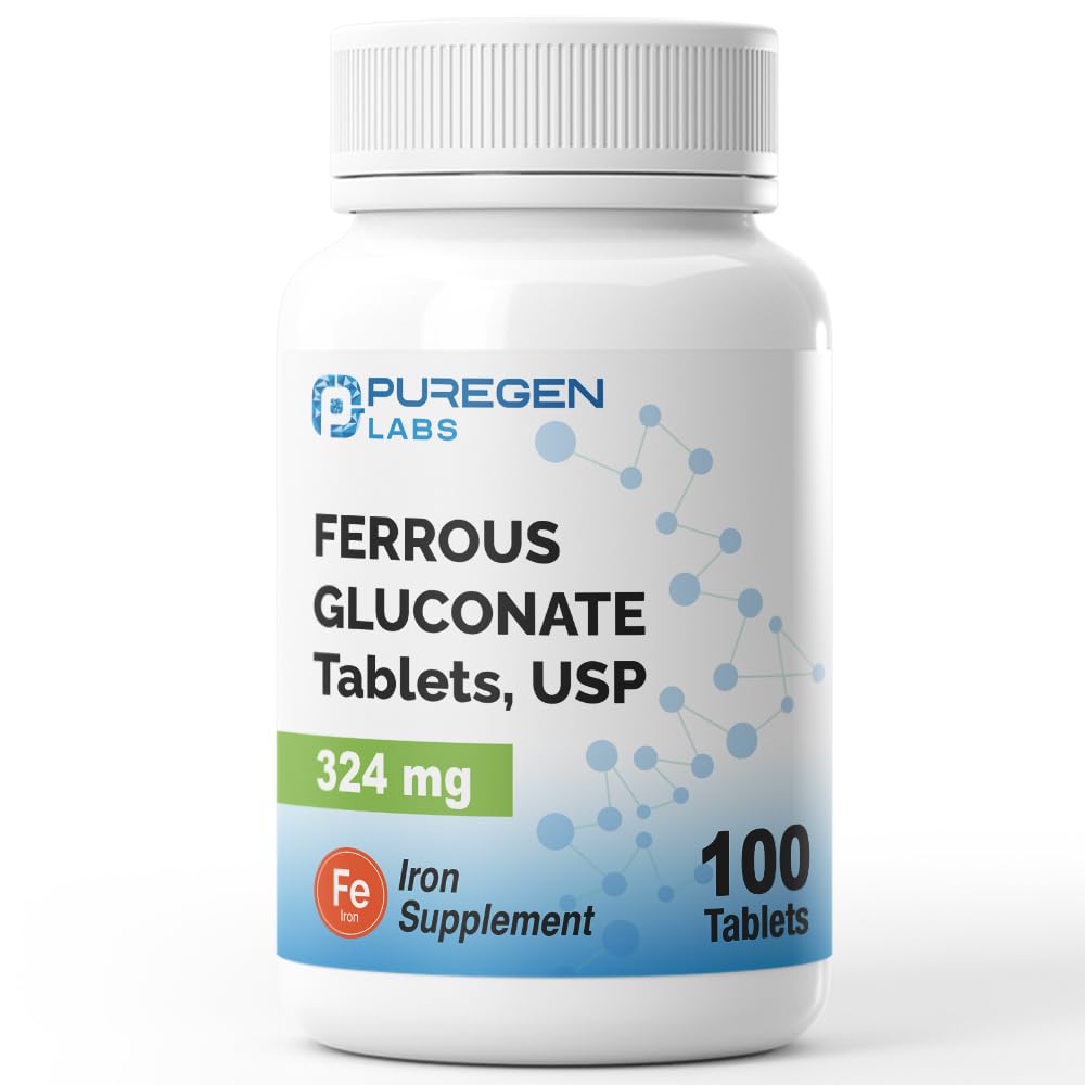 Puregen Labs Ferrogluconat 324 mg [høj potens] jerntilskud, let på maven - 100 tabletter