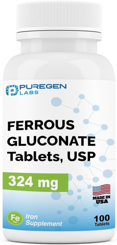 Puregen Labs Ferrogluconat 324 mg [høj potens] jerntilskud, let på maven - 100 tabletter