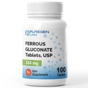 Puregen Labs Ferrogluconat 324 mg [høj potens] jerntilskud, let på maven - 100 tabletter