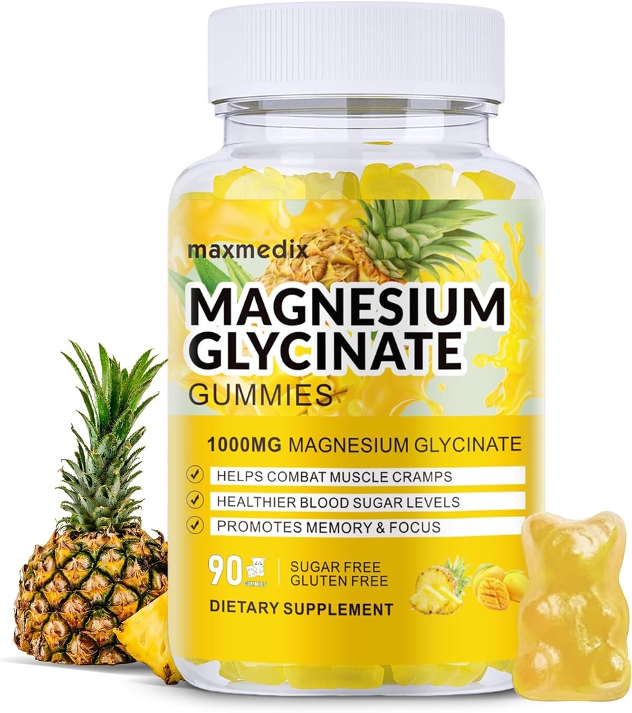 Magnesium Glycinat Gummies 1000mg, Sugar Free Magnesium Kalium Kosttilskud Chewable for adult with L- Threonate for Sleep, Body Support and Relaxation, 90 Mango Pineapple Gummies