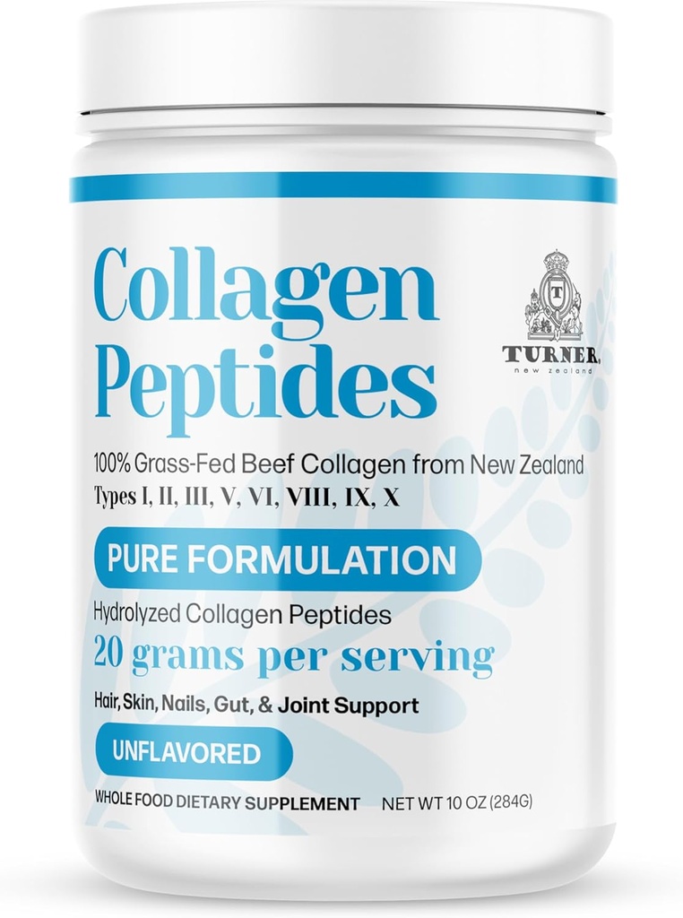 TURNER Collagen Peptider Powder Pure Formulering, 100% Grass- Fed Beef Bone Kollagen fra New Zealand, Unflavored, 10 oz