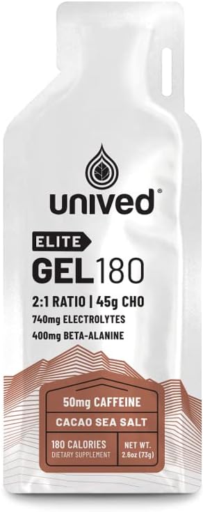 Unived Elite Gel 180-2: 1 forholdet mellem Simple & Complex Carbs med Beta alanine & Essential Electrolytes - for Endurance Atleter Runners & Cyclists -180kcal - Cocoa Sea Salt - 50mg Koffein - pakke med 6