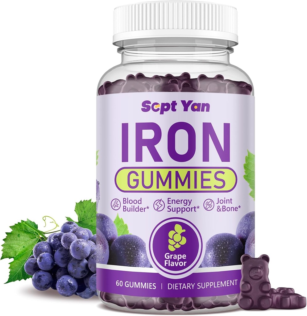 Jern Gummier for kvinder og mænd, Jern Gummier med Folate, B12 Vitamin, Zink & D3 til Blood Building, Energi Boost, immunforsvar & ben Sundhed, Gentle Absorption, Vegan, Grape Favour 60ct