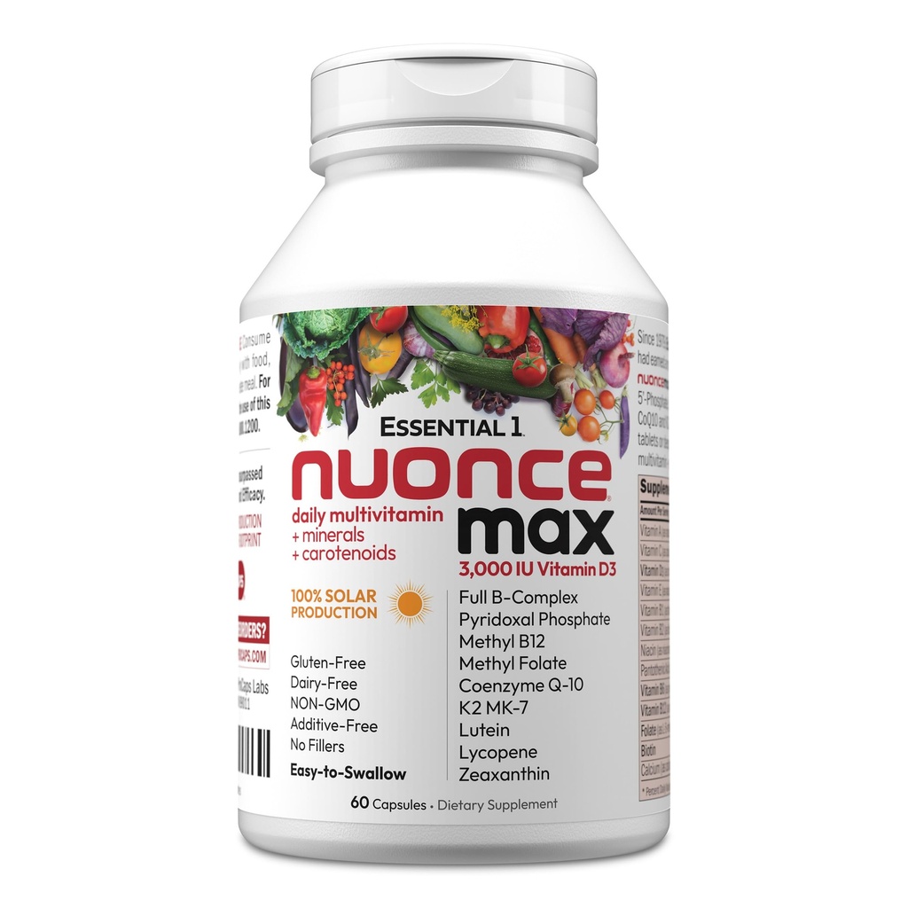 ANDREW LESSMAN Essential-1 nuonce max Multivitamin 3000 IE D3 60 små kapsler. 100 mcg methyl B12. CoQ10 Lutein Lycopene Zeaxanthin. High Potency. Ingen tilsætningsstoffer. Ultra- Mild 1 daglig kapsel