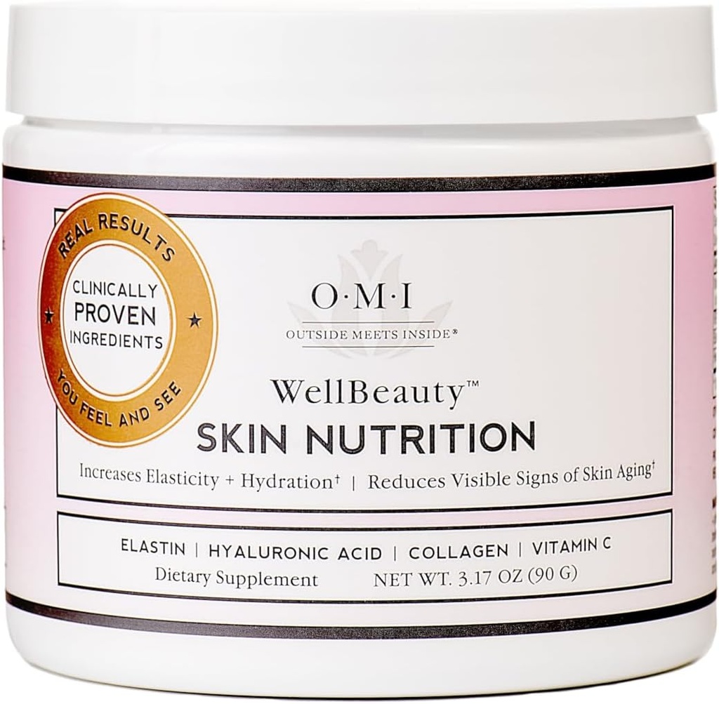 OMI Wellbeauty Skin Nutrition, Klinisk bevist om at øge Elasticitet og reducere de synlige tegn på hudens ældning, Fransk Marine Elastin, Collagen, Hyaluronsyre, C-vitamin, 1 Måned Supply, 3.17oz