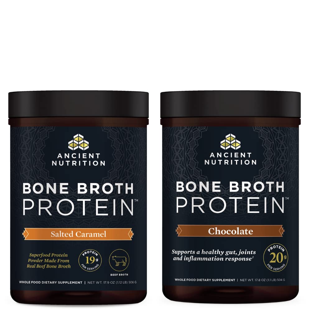 Ancient Nutrition Bone Broth Protein Powder, Saltet Caramel, 20 Servere + Bone Broth Protein Powder, Chokolade, 20 Servere