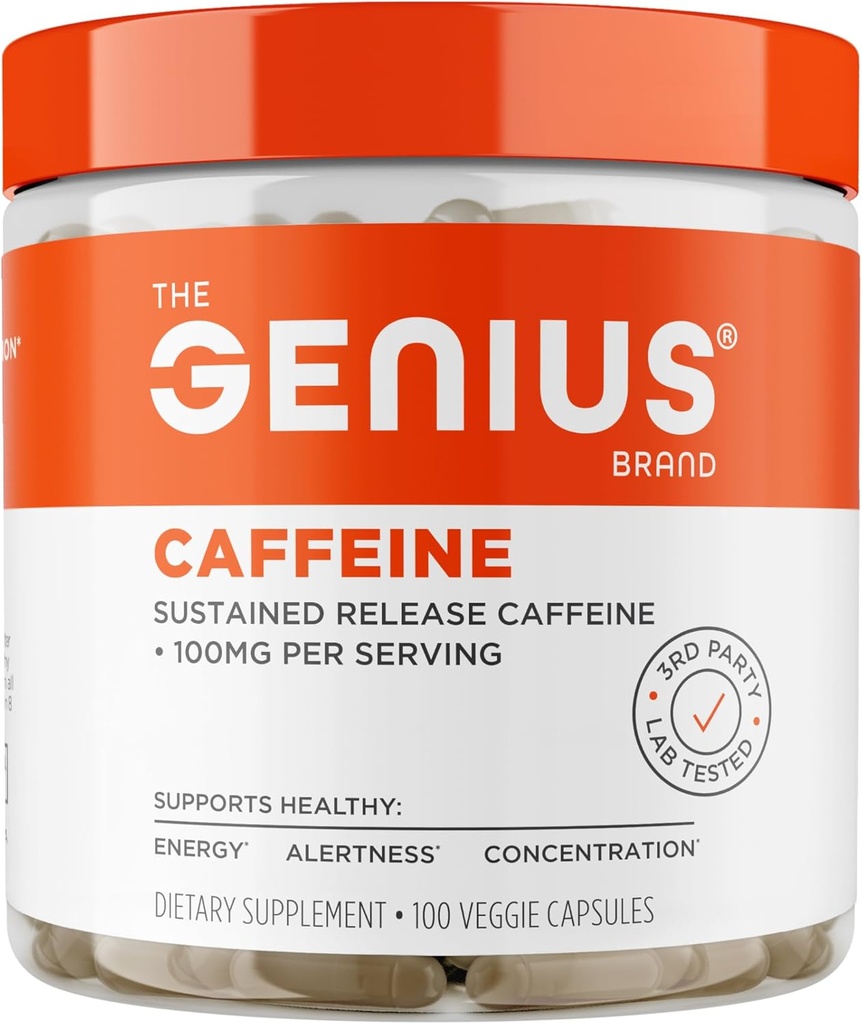 Genius Koffein - Vedvarende-Release Mikroindkapslet Koffein piller til Glat, Langvarig energi & Fokus - Ingen Jitters eller Crash - 100 mg per kapsel - 100 Servere - Natural Performance Booster