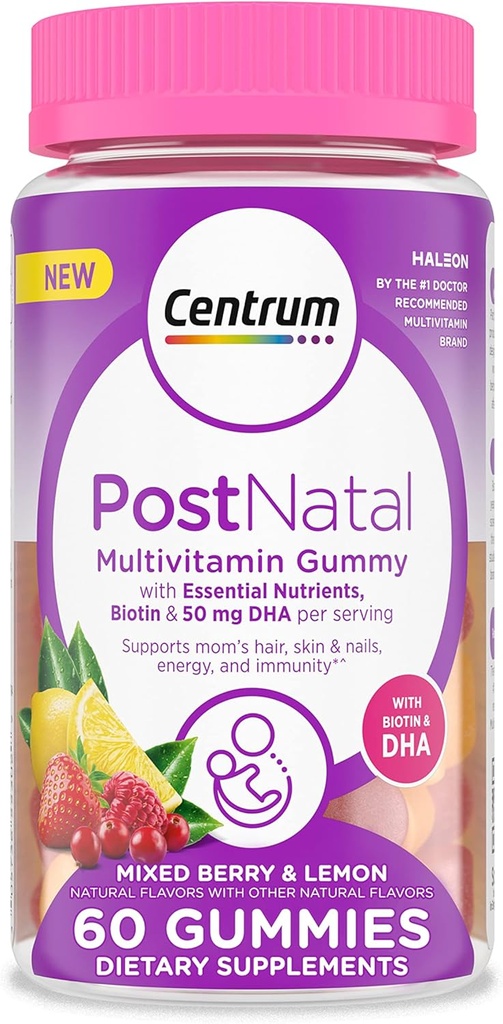 Centrum Postnatal Multivitamin Gummies med biotin og DHA, blandet berry og Lemon flavors - 60 greve, 30 dages forsyning