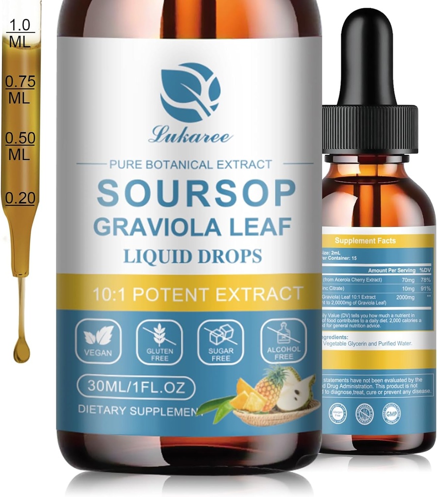 Lukaree Nature Soursop Bitters Liquid, 15 dages levering Graviola Oil for Cell Support & Regeneration, Antioxidant, Immunboost, fordøjelsesfremmende, Sugar- Free, Gluten- Free, Sour SOP Multivitamin Drops 1 FL OZ