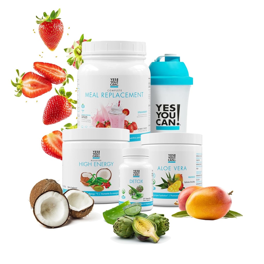 Ja, du kan! Detox Plus Kit, Daglig Rengøring Pure Fiber Meal Erstatning, Drik Mix, Ryst Booster og tillæg, Krop Rengøring Kit til kvinder, Daglig System Rengøring - Jordbær, Aloe Vera Mango