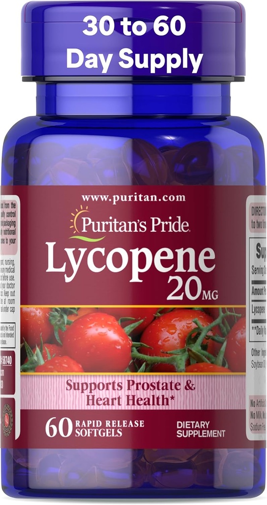 Puritans Pride Premium Lycopene 20mg, Kosttilskud til Prostata, Antioxidant, Heart Health, og Samlet Sundhedsstøtte, 1 måned Supply, 60 Rapid Release Softels