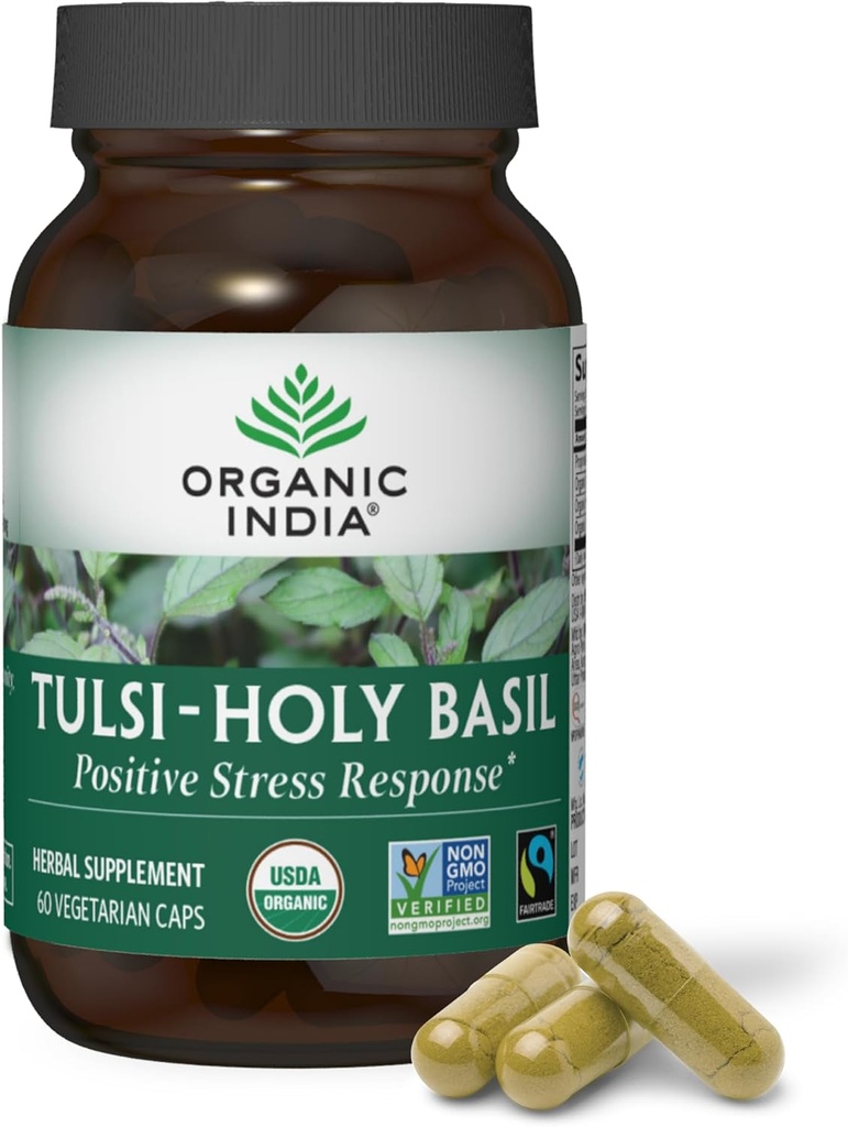 ORGANISK INDIA Tulsi Holy Basilikum Kapsler - Holy Basil Extract - Holy Basil Leaf Supplement, Urtetilskud, immunforsvar, Stress Relief, Vegan, Gluten- Free, Kosher, Organic, Non-GMO - 60 Kapsler
