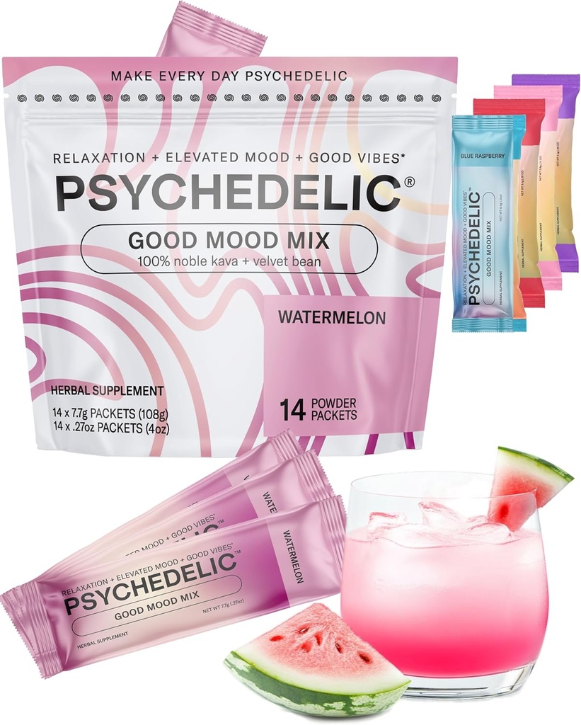 Good Mood Mix - Watermelon - Powder Packets - Calming Kava Drink Mix - Easy Open Single- Servering - Formlet Kava Powder - Mucuna Pruriens - Stevia - Ikke Alkoholic Adaptogen Mocktails - 14 Stick