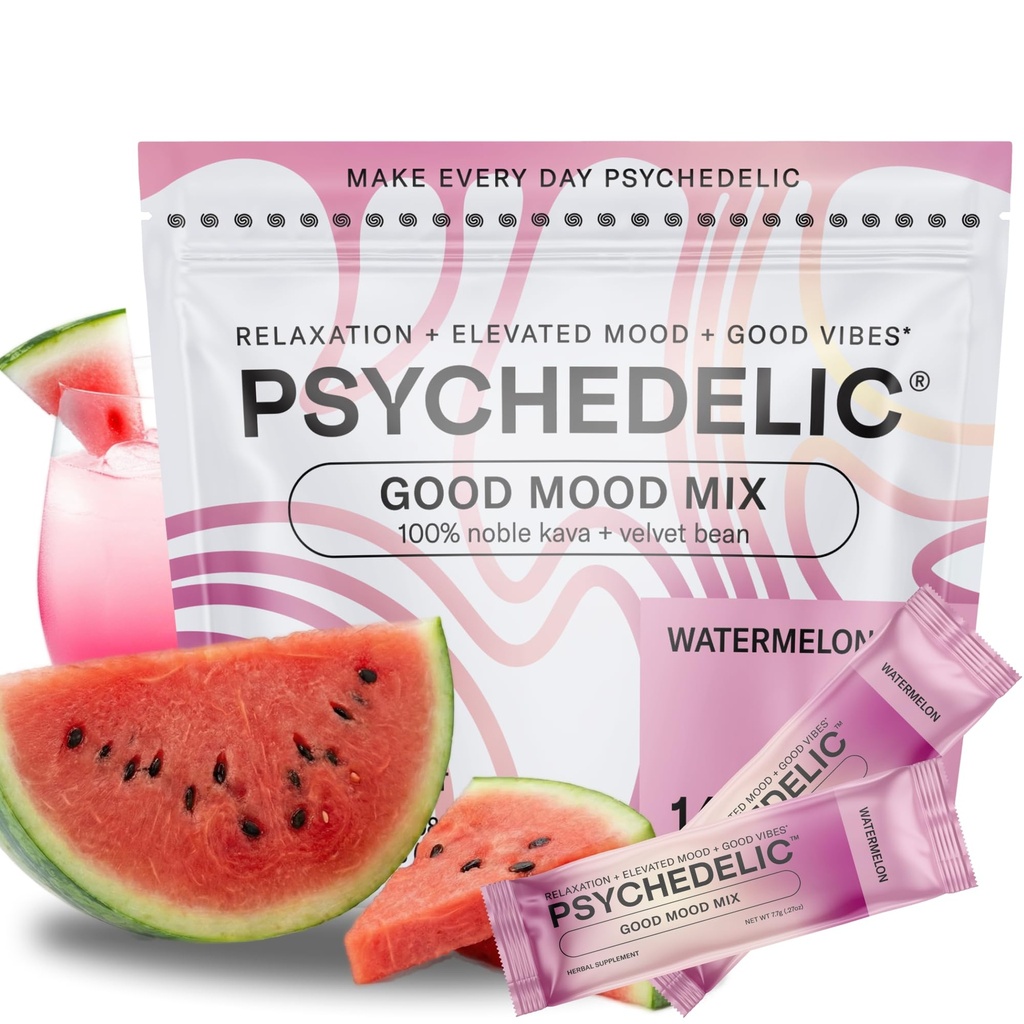 Good Mood Mix - Watermelon - Powder Packets - Calming Kava Drink Mix - Easy Open Single- Servering - Formlet Kava Powder - Mucuna Pruriens - Stevia - Ikke Alkoholic Adaptogen Mocktails - 14 Stick