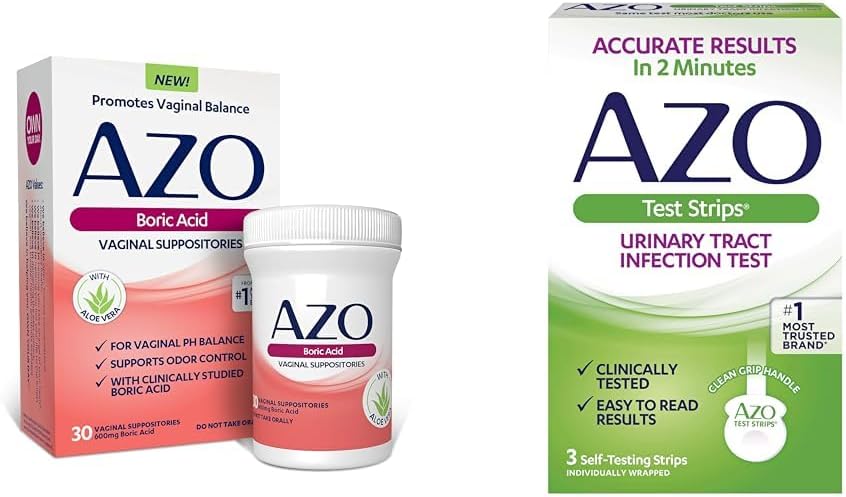 AZO Boric Acid Vaginal Suppbassines Hjælper støtte Odor Control og Balance Vaginal PH, 30 Count Urinary Tract Infektion (UTI) Test Strips, Nøjagtige resultater i 2 minutter, 3 Tæl