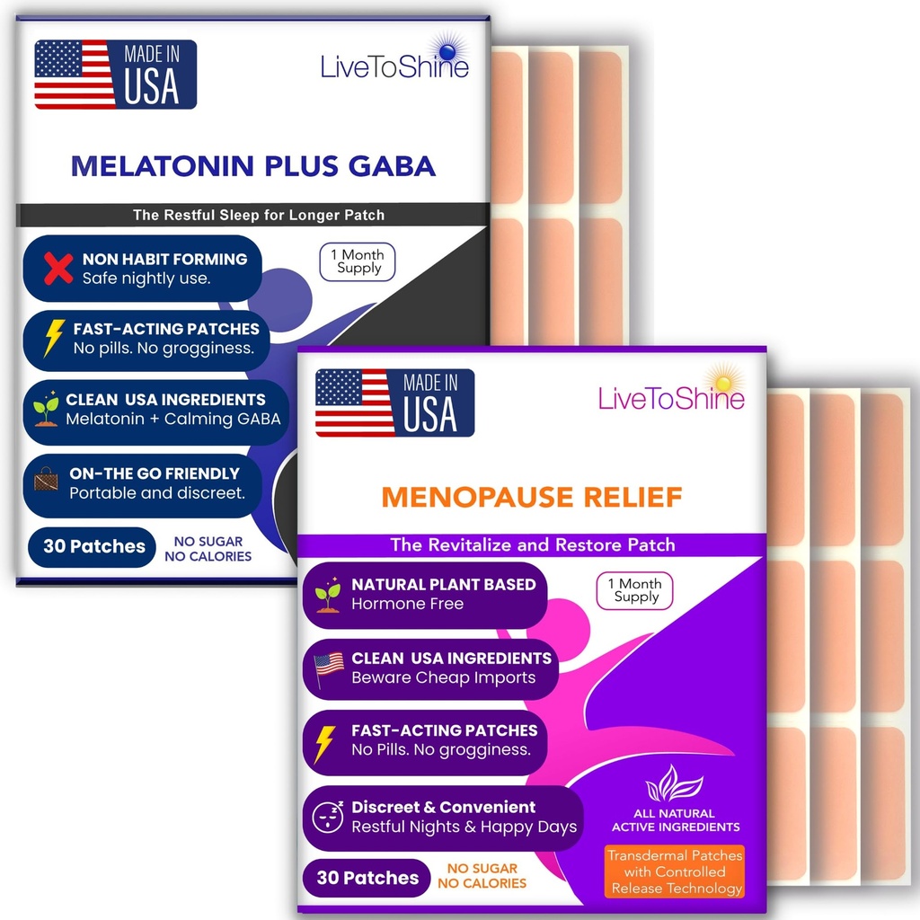 Menopause Relief og Melatonin Sleep Patch Bundle - 2 pakker - Hot Flashs, Night Sweats, Mood Swings Relief Plus Restable Sleep Patches - 30 Day Supply Per Pack (60 Patches) - USA Lavet af live til skinne