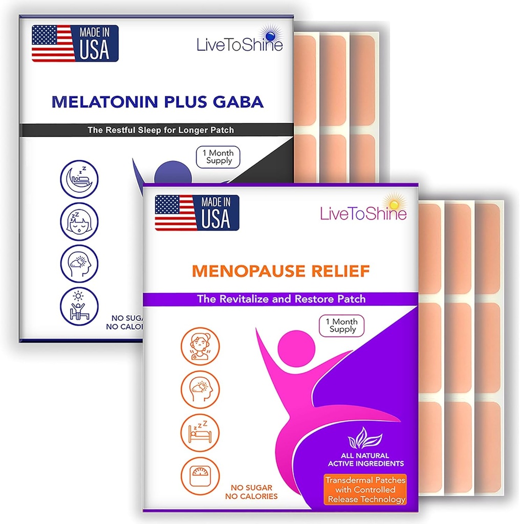 Menopause Relief og Melatonin Sleep Patch Bundle - 2 pakker - Hot Flashs, Night Sweats, Mood Swings Relief Plus Restable Sleep Patches - 30 Day Supply Per Pack (60 Patches) - USA Lavet af live til skinne
