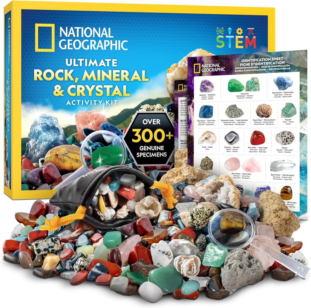 National Geographic Rock Collection Box for Kids - 300 + Piece Gemstones og Krystaller Set omfatter Geodes og rigtige krystaller, Rocks og mineraler, Science Kit for Kids, En Geologi gave til drenge og piger