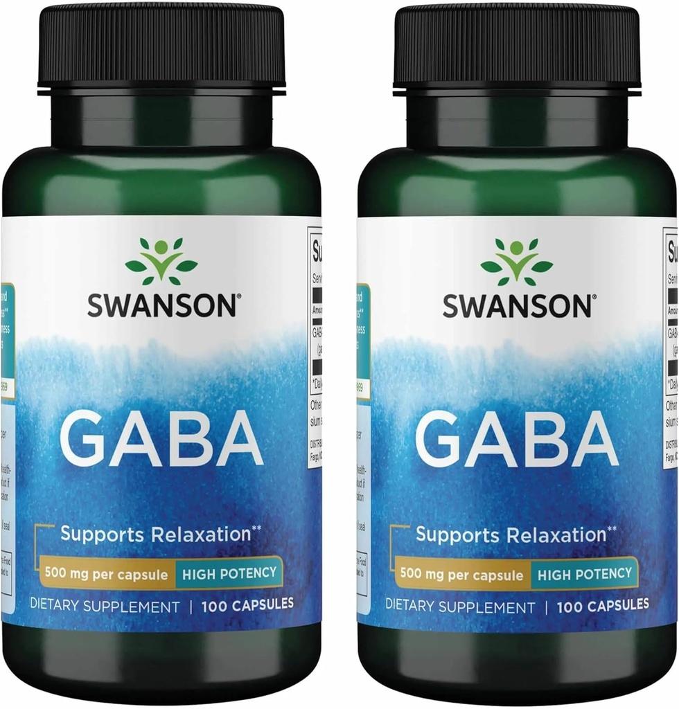 Swanson GABA - Aminosyretilskud til fremme af ro og afslapning til støtte for afslappende søvn - High Potency Formel til støtte for sunde stressniveauer - (100 kapsler, 500 mg hver) (2 Pack)
