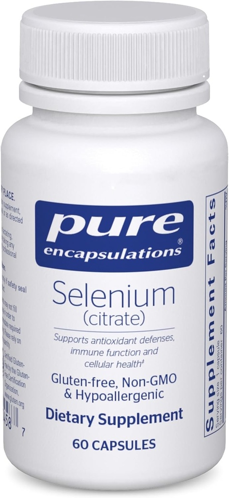 Pure indkapslinger Selen (Citrate) - for immunsystemet Support & Cellular Health - Antioxidant Supplement - Understøtter blodgennemstrømning * - Gluten Free & Vegan - 60 kapsler