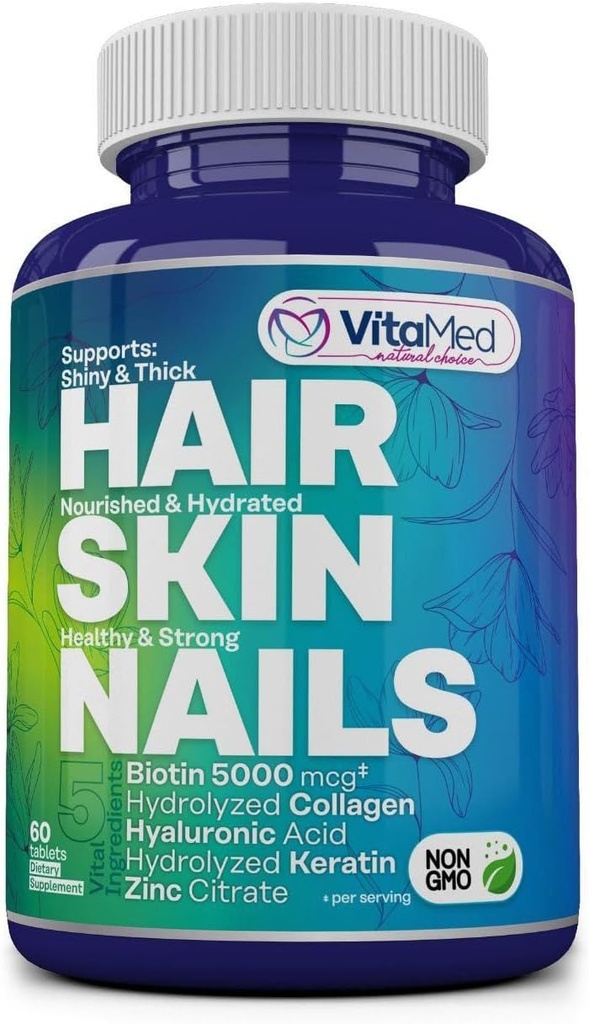 VitaMed Hår, Hud & Nails - Biotin 5000 mcg, Collagen, OptiMSM, Keratin, Hyaluronic Acid & Silica Budd124; Understøtter hårvækst, strålende hud, stærke negle Budd124; Halal, Non- GMO, Gluten- Free - 60 Beauty Tablets