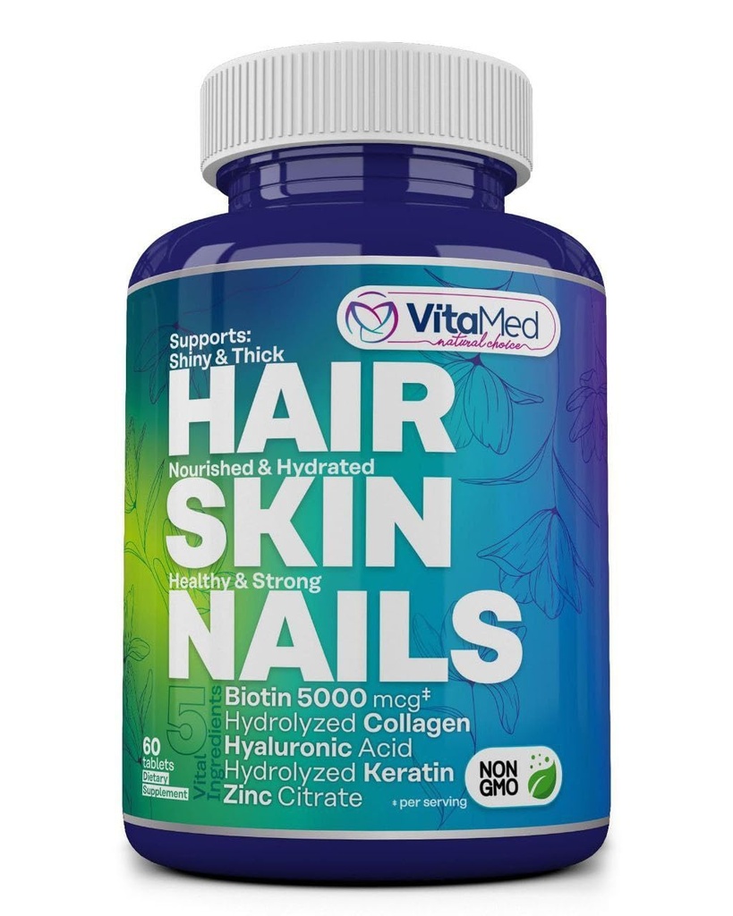 VitaMed Hår, Hud & Nails - Biotin 5000 mcg, Collagen, OptiMSM, Keratin, Hyaluronic Acid & Silica Budd124; Understøtter hårvækst, strålende hud, stærke negle Budd124; Halal, Non- GMO, Gluten- Free - 60 Beauty Tablets