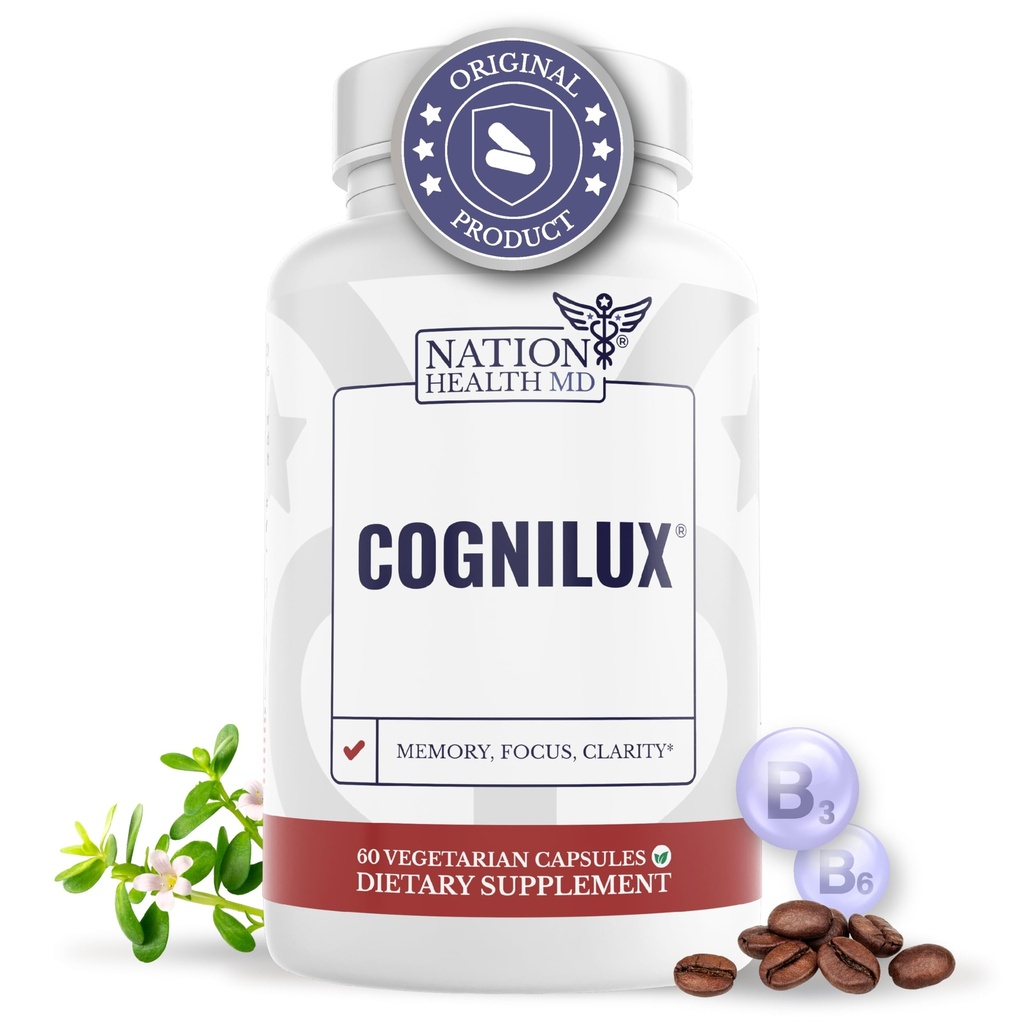 Cognilux - Hjernetilskud til hukommelse og fokus - Nootrop Focus supplement med Niacin, vitamin B6, GABA og mere - Hukommelsestillæg til hjerne, hjerne sundhed, 60 kapsler